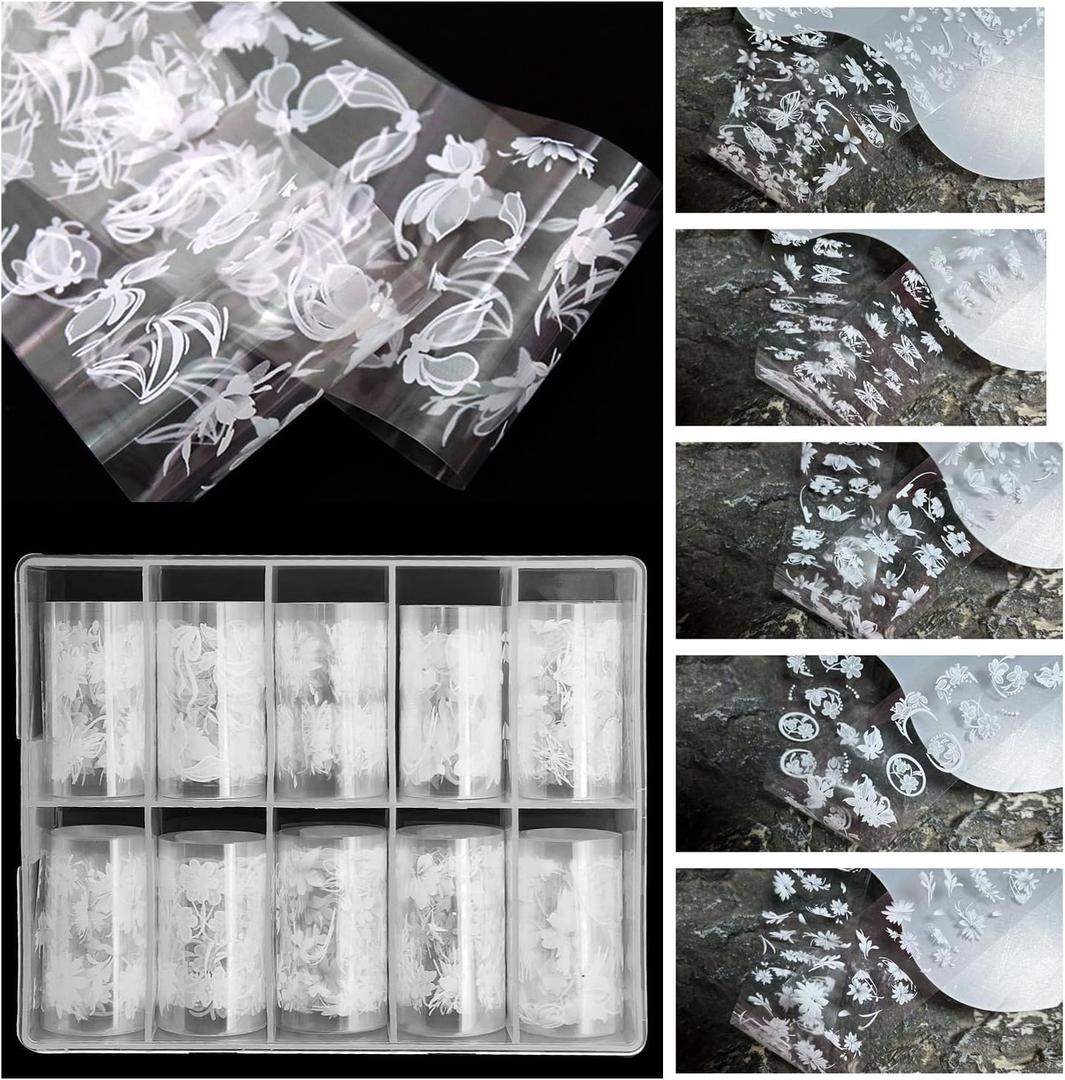 JERCLITY 10 Rolls White Flowers Nail Foil Transfer Sticker Kit Flower Foil Nail Wraps