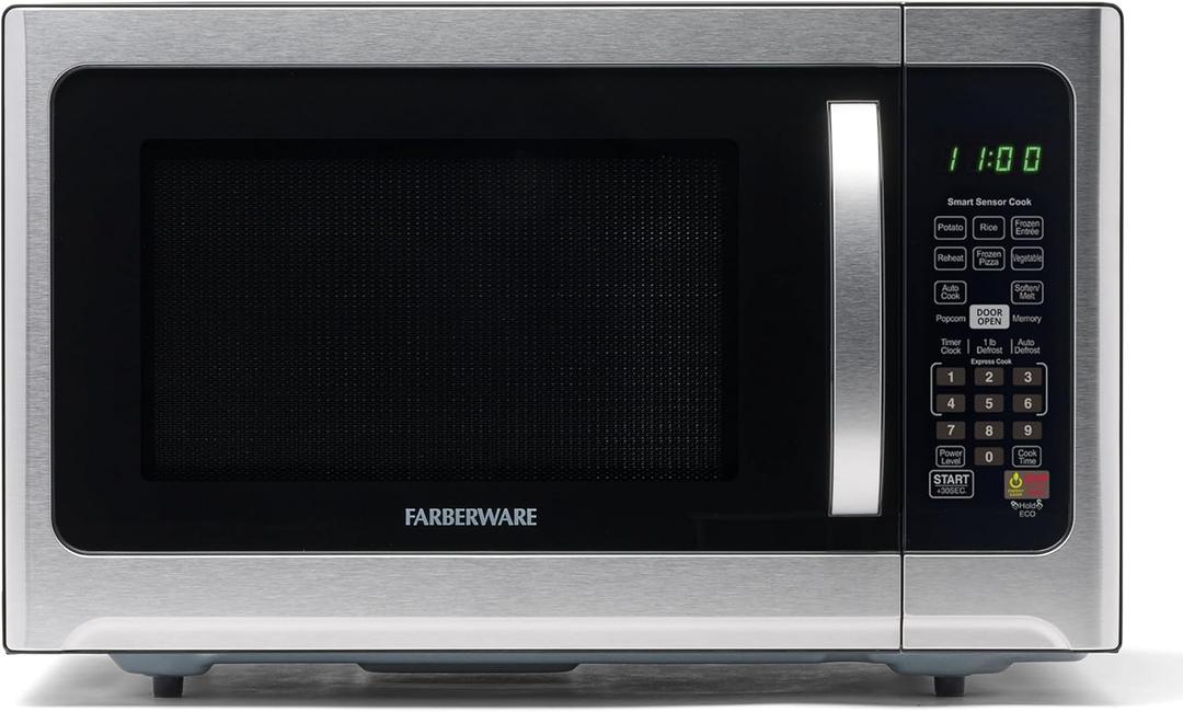 Farberware 1.2 Cu. Ft. Countertop Microwave Oven 1000 Watts Power, Smart Sensor Auto Cook Settings, Defrost, Easy Clean and Child Safety Lock - Stainless