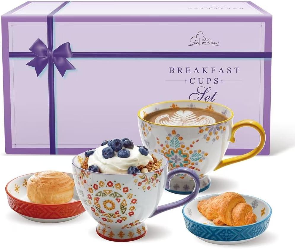 Large Ceramic Coffee Mugs Set of 2,15 oz Stoneware Coffee Cups with 2 Saucers,Underglaze Hand-Painted Cup For Coffee/Cereal/Beer,Festivals and Housewarming Gifts For Family And Friends