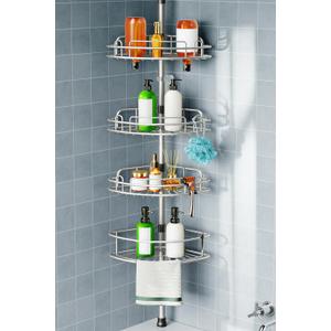 HAMITOR Shower Caddy Tension Pole: 4-Tier Corner Rustproof Bathroom Organizer - No-Drill Adjustable Shower Shelf for Renters - Floor to Ceiling Family Apartment Storage Rack - 47-121 Inch Silver Gray