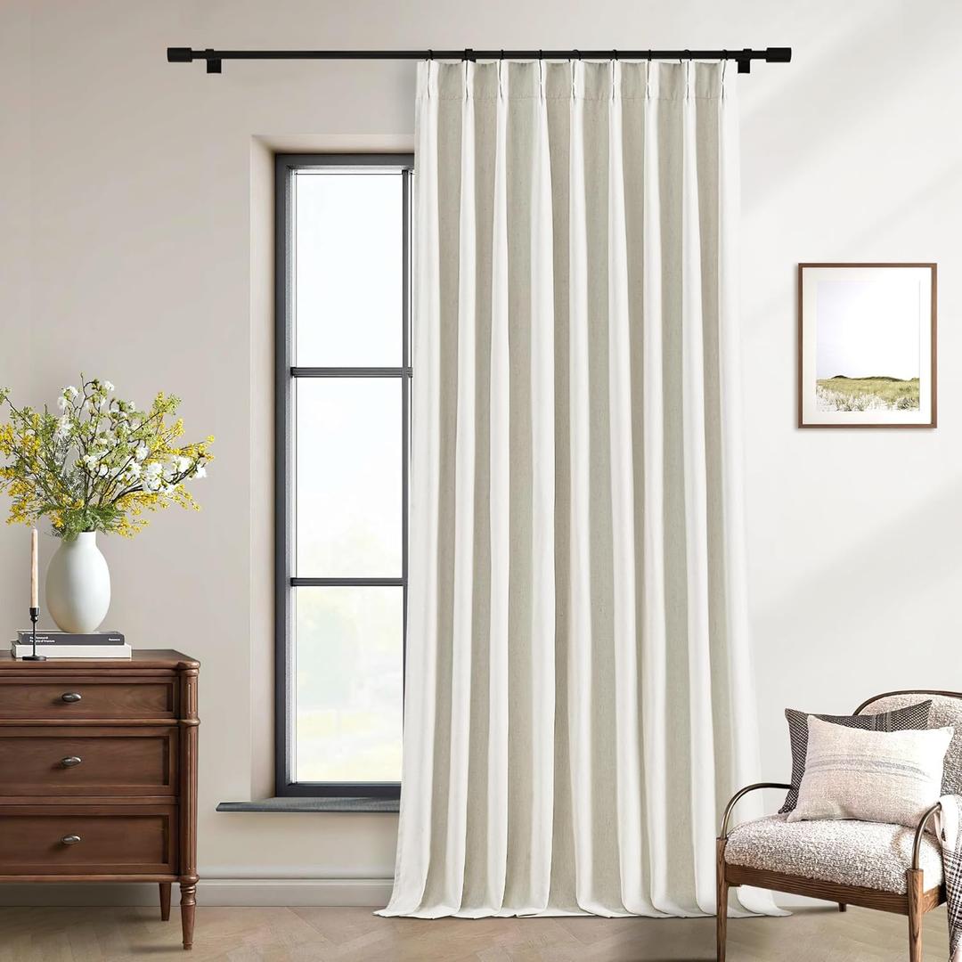 Natural Linen Pinch Pleated Blackout Curtains 108 Inches Long Extra Wide 60 Inch Width for Sliding Glass Doors Modern Pleated Linen Blend Heavy Floor to Ceiling Large Window Drapes 60x108 1 Panel