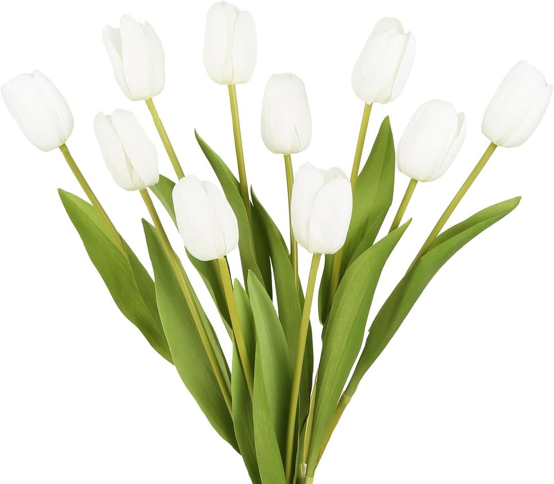 IPOPU White Tulips Artificial Flowers,10PCS Real Touch Fake Flowers 18.9" Realistic Long Stem Faux Tulips for Wedding Party Spring Easter Home Decoration (White)