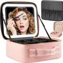 Makeup Travel Train Case with Mirror LED Light 3 Adjustable Brightness Large Cosmetic Bag Portable Storage Adjustable Partition Waterproof Makeup Brushes Make up Jewelry Gift for Women (Pink)