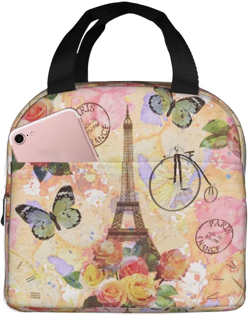 Paris Eiffel Tower Butterfly And Flowers Lunch Bag Compact Tote Bag Reusable Lunch Box Container For Women Men School Office Work 2 Packs