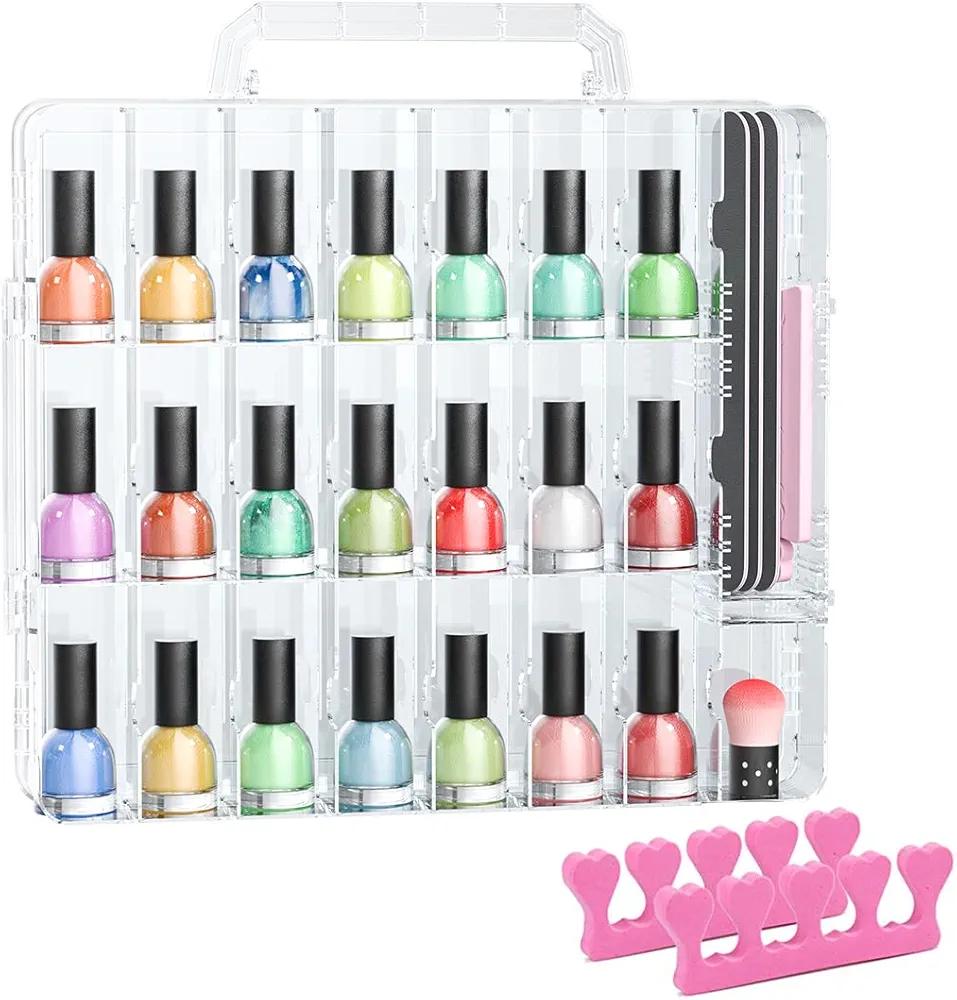 JIASHENG Nail Polish Organizer Case for 48 Bottles, Gel Nail Polish Storage Holder Double Side Adjustable Space Divider for Acrylic Nail Gel Dip Powder Tips Set with Two Toe Separator 