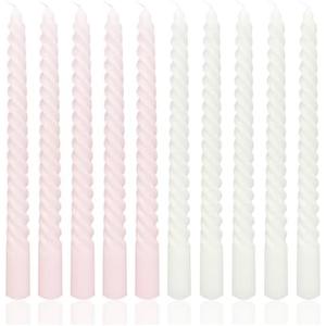 10 Inch White and Pink Spiral Taper Candle Set, 10 Pack Unscented Dripless Candlesticks for Dinner Baby Shower Party Brithday Wedding and Home Decoration