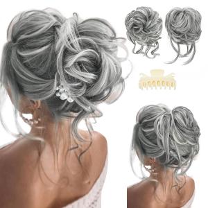SARLA 2PCS Grey Messy Bun Hair Pieces for Women Detachable Claw Clip Wavy Curly Synthetic Hairpieces for Updos with Tendrils Fake Scrunchies Ponytail Extension Dark Grey