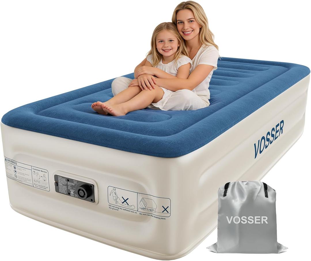 VOSSER Twin Air Mattress with Built-in Pump,Fast & Easy Inflation/Deflation Inflatable Mattress, Foldable Blow Up Mattress with Storage Bag, Inflatable Bed for Home, Camping & Guests