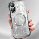 Misscase for iPhone 17 Case,with Privacy Screen Protector,Compatible with MagSafe,Bling Glitter Cute Curly Wave Border Phone Cover for Women Men, Drop Protection Anti-Slip Silver