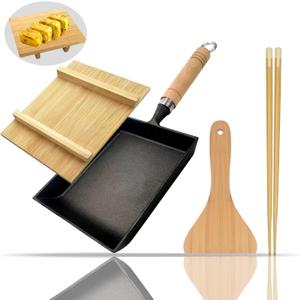 Tamagoyaki Japanese Omelette Pan Cast Iron with Wooden Lid, Square Japanese Egg Pan, Rectangle Tamago Pan with Spatula & Chopsticks 7 x 6 (Black)