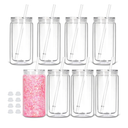 8 Pack plastic Snow Globe Tumbler, 16 Oz Double Wall Plastic Can with Lid and Straw, Plastic Mason Jar Mug for Snow Globe Glitter DIY Gift (Clear