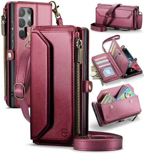 Strapurs Crossbody Wallet Case Compatible with Samsung Galaxy S22 Ultra 5G RFID Blocking 10-Card Holder Soft PU Leather Magnetic Snap Strap Zipper Pocket Phone Case Fit for Galaxy S22 Ultra - Wine Red