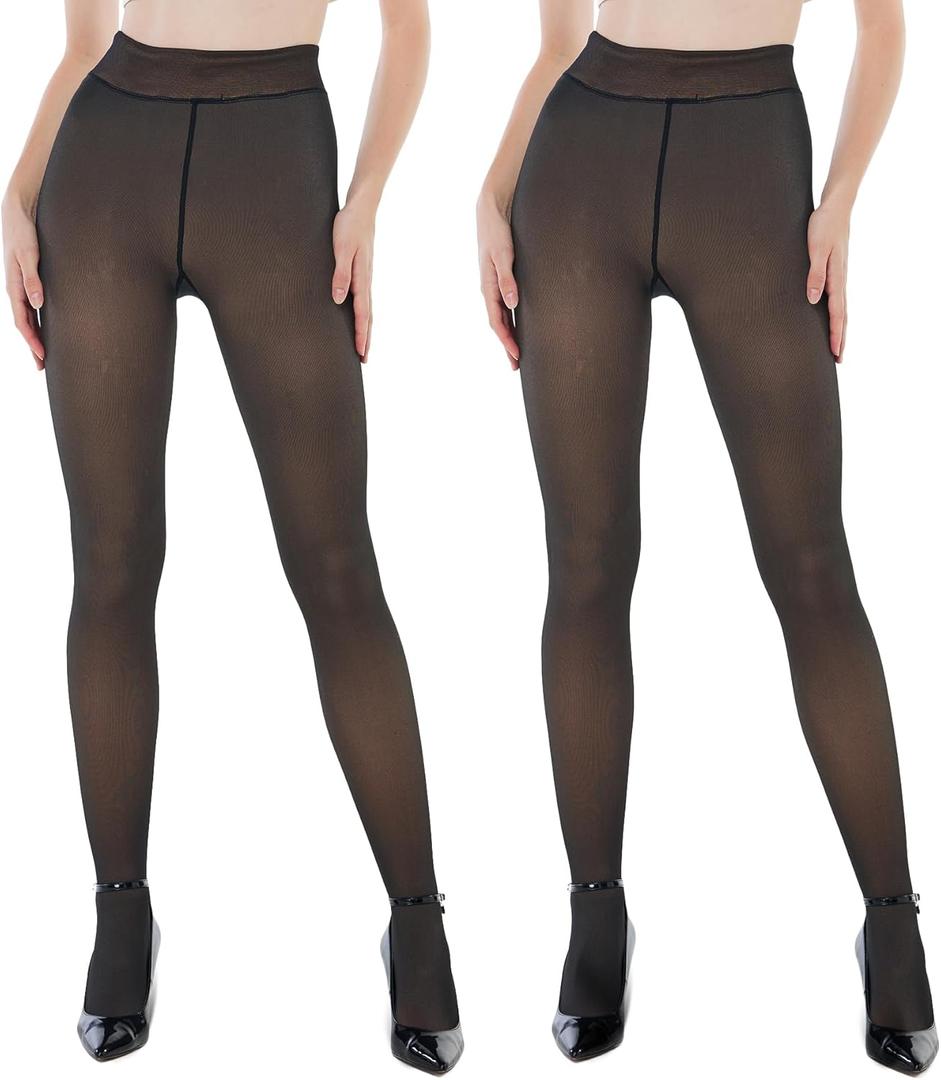 EXQUISLIFE Fleece Lined Tights Sheer Women - Fake Translucent Warm Pantyhose Leggings Sheer Thick Tights, for Winter (Medium, Black+black)