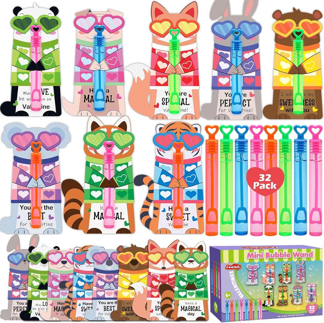 2 x LEASEN 32 Pack Mini Bubble Wands with Valentines Animal Themes Greeting Cards for Kids, Valentine's Day Gifts Classroom Exchange Gift Set, School Prizes Party Favor