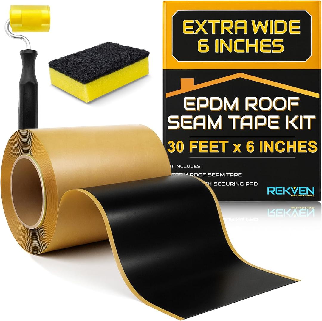 EPDM Rubber Roofing Seam Tape Kit - 30 Feet x 6 Inch - Double Sided Butyl Tape Black Self Adhesive for Liner Bonding Sealing Repairs Works with EPDM TPO Hypalon and Other Membranes