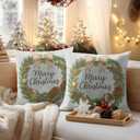 HOMETITUTE Set of 2 Christmas Throw Pillow Covers 18x18 Inch Linen Decorative Merry Christmas with Pine Cones Berries Bells Farmhouse Winter Holiday Pillow Cases for Sofa Couch Bed