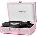 Vinyl Record Player with Built-in Speakers 3-Speed Vintage Record Player Bluetooth Portable Suitcase Turntable Belt-Driven LP Player Support RCA Output and Headphone Output (Pink)