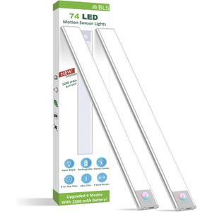 BLS Under Cabinet Lights, 74 LED lights Battery Operated Motion Sensor Light Indoor, USB C Rechargeable Closet Lights Motion Sensored, 2200mah Wireless Magnetic Light for Kitchen Night Stairs (2 Pack) (Cool White- 14.6 inch)