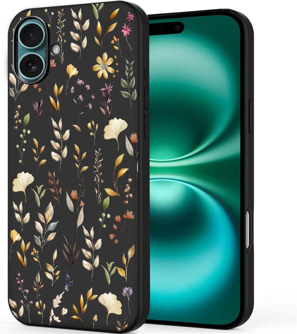 Unov Case Designed for iPhone 16, Black Phone Case with [Anti-Slip Embossed Pattern], Shockproof Slim Protective [Anti-Scratch TPU] Back Cover, Golden Garden