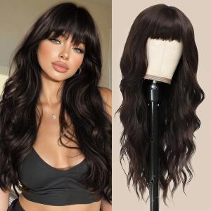 POUWENEY Black Wig with Bangs 26 Inch Long Curly Wavy Wigs for Women BegineerFriendly Synthetic Wig for Daily Party Holiday Use