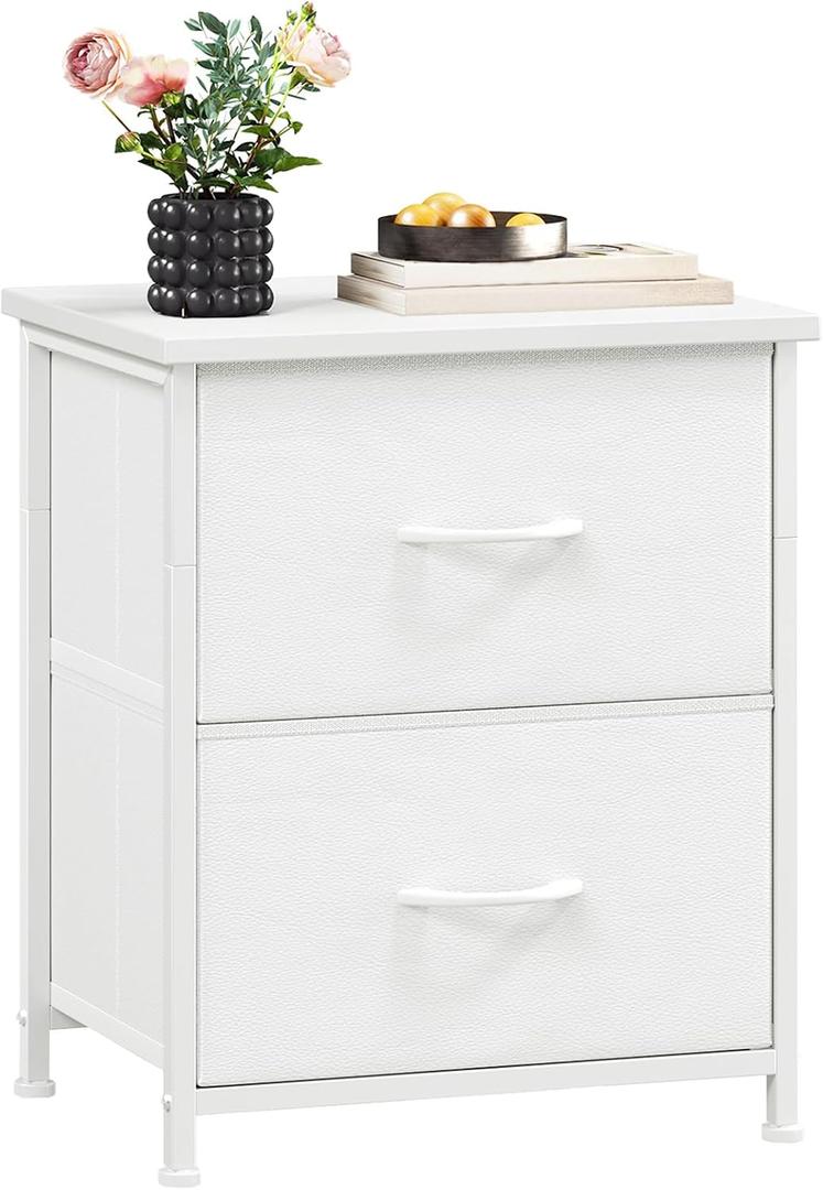 Somdot Nightstand, Small 2 Drawer Dresser End Table, Chest of Drawers, Bedside Table Night Stand End Table with Fabric Bins for Bedroom Kids Closet Dorm Guest Room, White Leather, 11.8"D x 16.5"W x 19.7"H