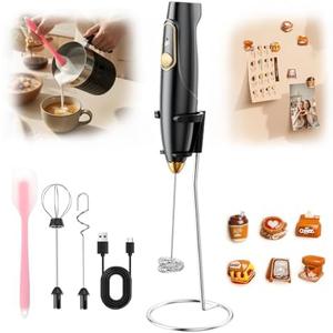 Frother for Protein Powder - Rechargeable Milk Frother with Stand, Handheld 3-Speed Coffee Frother, Dual Spring Whisk Electric Wand Drink Mixer for Kitchen