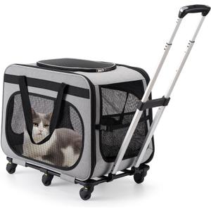 Extra Large Pet Carrier with Wheels for Small Dogs and All-Breed Cats, Cat Rolling Carrier for up to 4 Cats, Support up to 40 Lbs, Grey (Single Compartment)