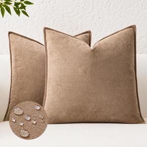 Kevin Textile Waterproof Decorative Pillow Covers Camel 18x18 Inch Pack of 2 Soft Boucle Textured Throw Pillowcases Elegant Accent Pillows for Couch Sofa Chair Bed Home Decor Indoor Outdoor