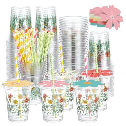 Teecyhooo 50 Sets 12oz Wildflower Disposable Plastic Cups with Lids and Flower Designed Straws Spring Floral Cold Beverage Drinking Cups for Spring Summer Wedding Birthday Bridal Baby Shower Party