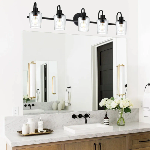 5-Light Industrial Vanity Lighting Matte Black Bathroom Light Fixtures, Modern Bathroom Vanity Lights with Clear Glass Shade, Wall Sconce for Kitchen Living Room, Mirror,Hallway