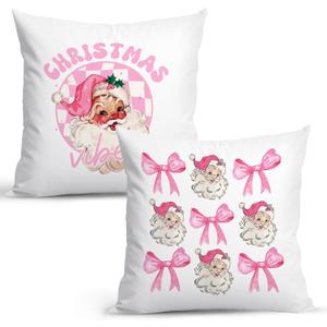 Coquette Pink Bow Christmas Pillow Covers - 18x18, Vintage Santa Decor for Living Room, Bedroom, Office - Set of 2