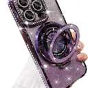 AuroiCCY Magnetic Case for iPhone 14 Pro Max with Ring Holder, Luxury Glitter Rhinestone Bling Case [Compatible with Magsafe] Shockproof Kickstand Camera Lens Protector for iPhone 14 Pro Max (Purple)