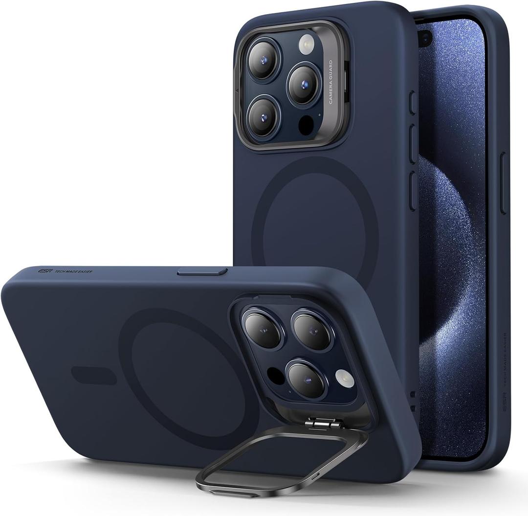 ESR for iPhone 15 Pro Case, MagSafe Silicone Case with Stand, Military-Grade Protection, Built-in Camera Stash Stand, Magnetic Phone Case for iPhone 15 Pro, Cloud Series,Dark Blue