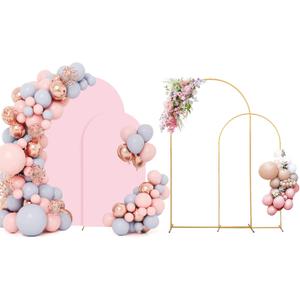Metal Arch Backdrop Stand Set of 2 With Pink Cover (7.2FT+6FT) Gold Wedding Arch Stand Balloon Arched for Birthday Party Baby Shower Graduation Ceremony Decoration