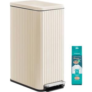 SONGMICS Trash Can, 13 Gallon (50 L) Slim Garbage Can for Kitchen, with Soft-Close Lid, Pedal, Removable Inner Bucket, Stainless Steel, 15 Trash Bags, Space-Saving, Cream White ULTB350LZ01