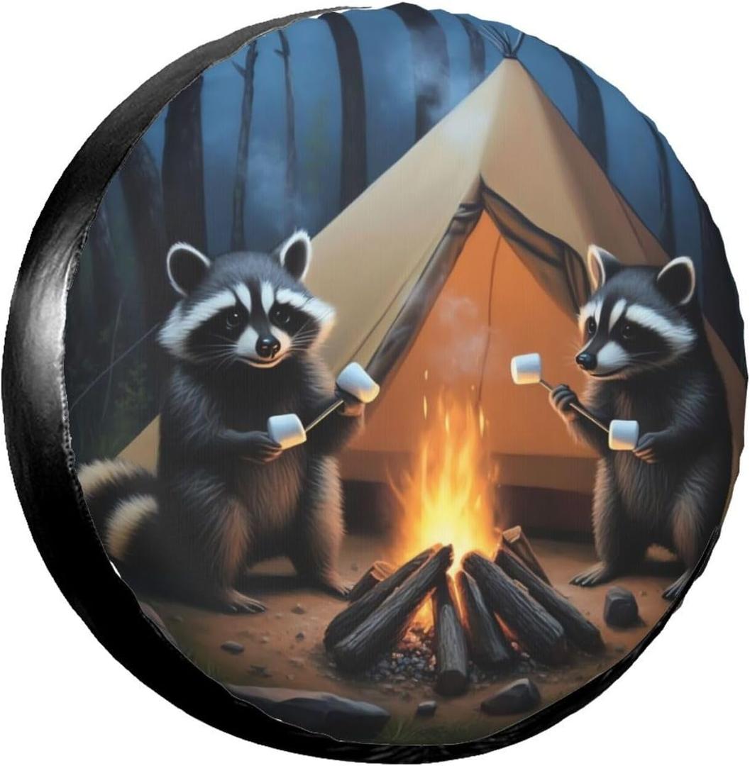 Raccoons Camping Spare Tire Cover for Rv SUV Trailer Truck Camper,Funny Tire Cover Waterproof Wheel Protectors for Camping Outdoor Travel,Universal Fit,15 inch