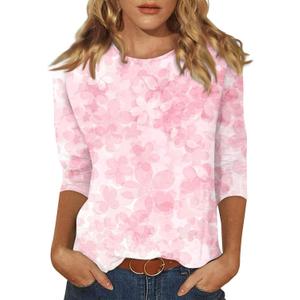 3/4 Length Sleeve Womens Tops Dressy Casual Blouses Summer Fashion 2026 Crew Neck Business Trendy Tunics Tops Shirt (X-Large, 01-sakura Pink)