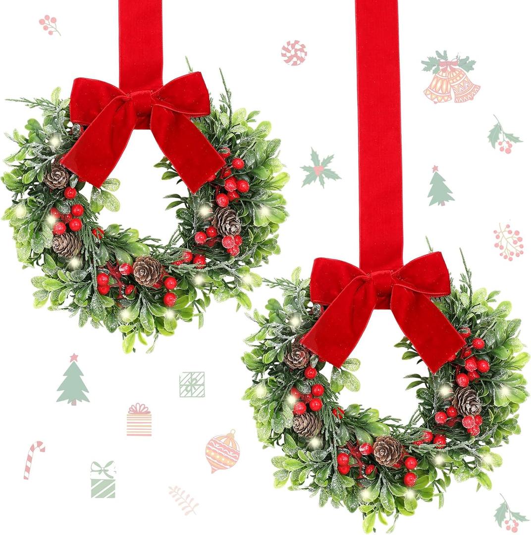 2 Pcs 9 Mini Christmas Wreath for Front Door Christmas Artificial Red Berries Parasitic Leaf Winter Wreath for Cabinet Wedding Window Home Wall Indoor Decor