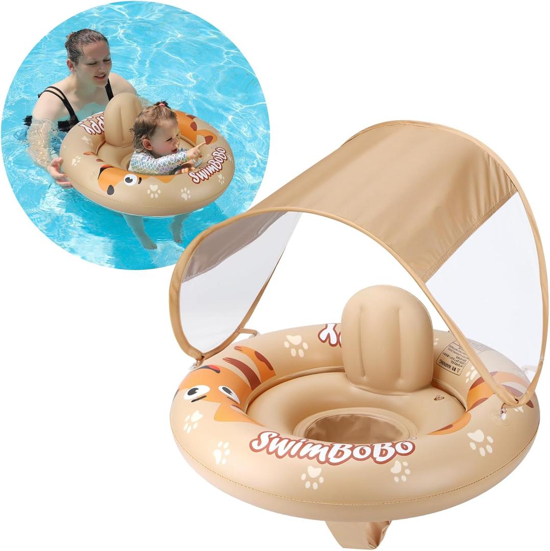 Swimbobo Inflatable Baby Swimming Float with Safe Seat and Canopy for Age 6-36 Months Toddler (Beige Dog)