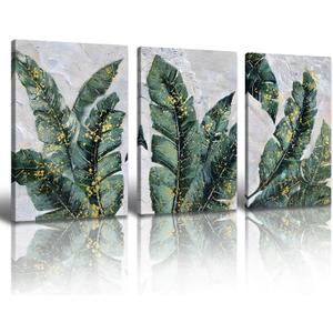 BLINFEIRU Green Leaves Wall Art Emerald Green and Gold Banana Leaf Canvas Prints Tropical Plant Pictures Wall Decor Home Artwork for Bedroom Living Room Decoration Framed 16"x24"x3, Count Of 3