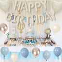 Happy Birthday Balloon Banner Cream Blue, 16 Inch Beige Mylar Letters Heart Foil Dusty Slate Blue White Sand Metallic Champagne Gold Balloons Boho Neutral Birthday Decorations for Girls Women Boy Men