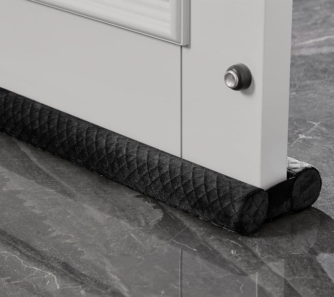 Premium Velvet Door Draft Stopper, 30'' to 36'' Adjustable Gap Filler, Double-Sided Windproof Seal, Easy Install to Block Noise, Cold Air, Light, Dust, and Drafts (Black)