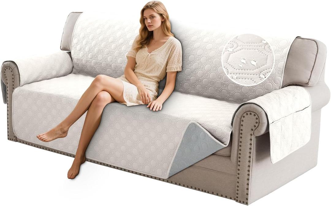 PrinceDeco Waterproof Couch Cover for 3 Cushion Sofa Diamond Quilted Pattern Couch Sofa Cover for Dogs Furniture Protector Cover with Elastic Straps for Pet Cat (Sofa,Beige)