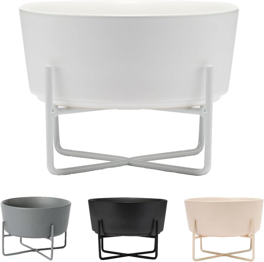 Waggo Simple Solid Dog Bowl and Dog Bowl Stand - Single Iron Stand with Single Ceramic Feeder or Water Bowl (Large, Matte White)