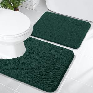 OLANLY Bathroom Rugs Sets 2 Piece, Soft Absorbent Chenille Bath Mats and U-Shaped Contour Toilet Rug Set, Machine Washable Bath Carpet, Home Decor Accessories(24"x16"+24"x20", Blackish Green)