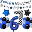 6 7 Birthday Decorations Six Seven Theme Birthday Party Decor Happy Birthday Decoration Funny 6 7 Meme Party Supply with I was 6 Now I'm 7 Banner 6 7 Balloon Blue Black and Checkered Balloons