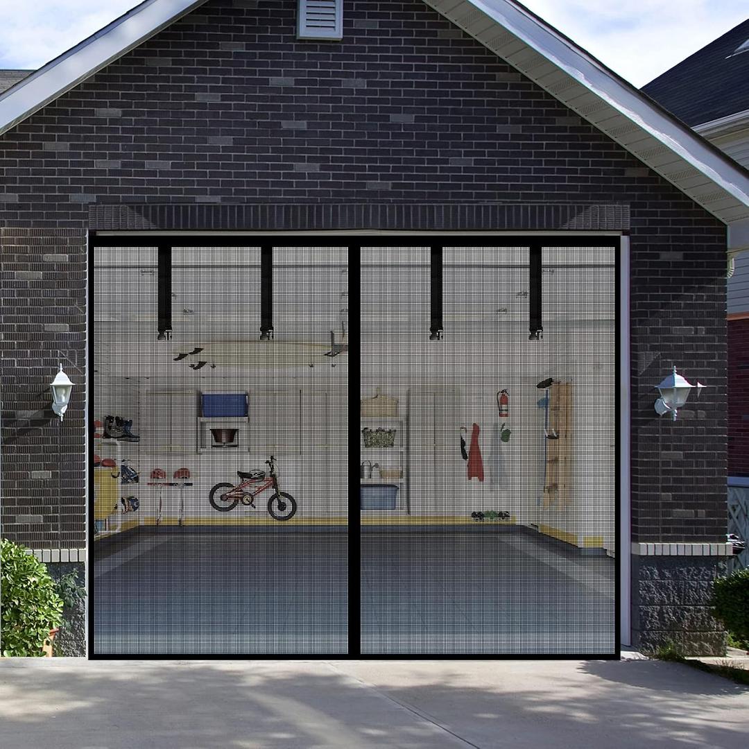 Fiberglass Garage Door Screen, Sunmoxia 9x7Ft Magnetic Heavy Duty Garage Door Curtain with 4 Strapping Tapes - Durable Breathable Mesh Patio Porch Privacy Curtain