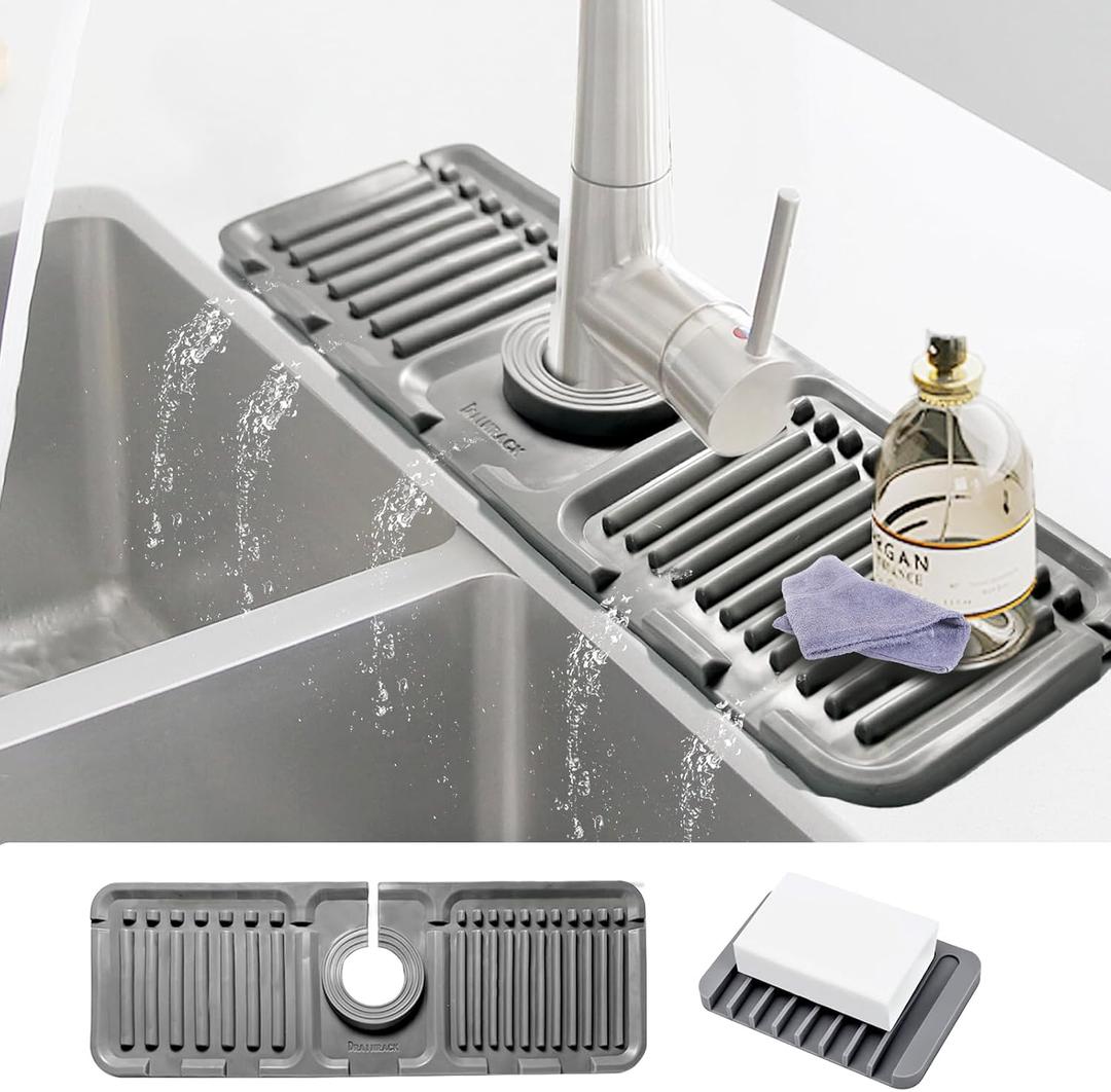 Daily Treasures 2Pack 13"x4.7" Silicone Faucet Splash Guard & Soap Dish, 5° Large Slope Sink Splash Guard, Kitchen Sink Splash Guard Sink Faucet Mat for Bashroom Kitchen Sink (Grew)
