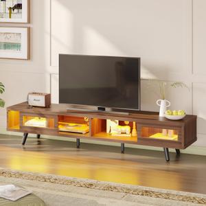 Bestier Mid Century Modern TV Stand for 75 inch TV, LED Entertainment Center with Storage and Sliding Doors, Low Profile TV Consoles for Living Room, Ancona Walnut (70.0"L x 15.6"W x 16.0"H)