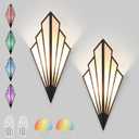 Modern Battery Operated Wall Sconces Set of Two, Simple Creative Wall Lamp Art Deco Lighting Fixture with Remote Control, RGB Dimmable Led Wall Light for Bedside Bedroom Living Room (Black)